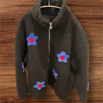 플리스 자켓 꽃 자수 올리브 그린