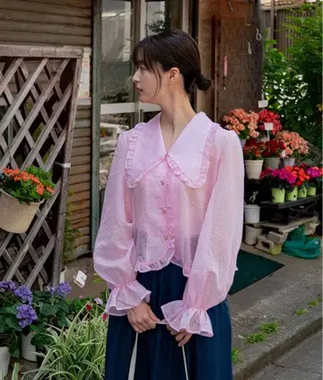 Tnewties 멜리가 또 질투하고 있어 프릴 블라우스 핑크 S