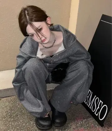 [ 상하의 세트 ] 반짝이 후드 맨투맨 스웨트 팬츠