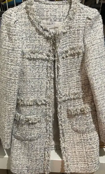 한국 스타일 화이트 블루 트위드 테일러드 자켓