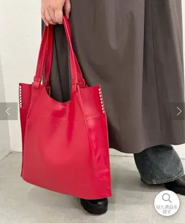 [새상품급] A4 사이즈 대응 천연 가죽 롱 핸들 스터드 토트백 레드