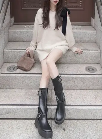 원 숄더 벨로아 리본 니트 미니 원피스