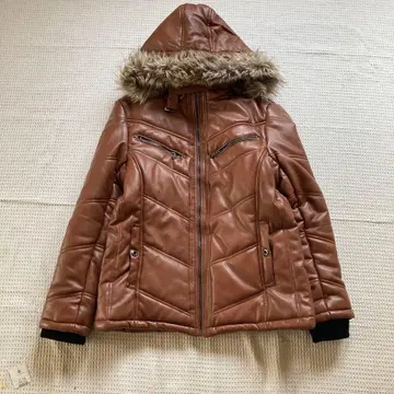 인조 가죽 다운 자켓 남성용 브라운 퍼 후드 방한 XL