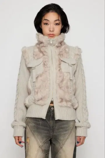 laguagem CABLE KNIT FAUX FUR 블루종 IVOY