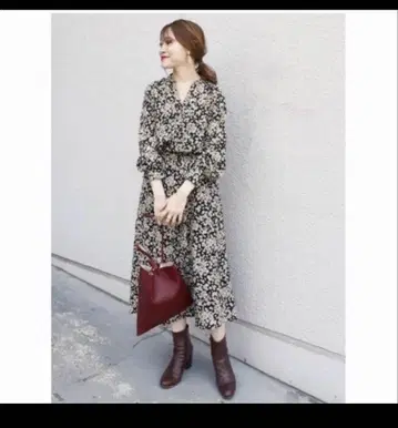 ships 꽃무늬 롱 원피스 V넥 긴팔