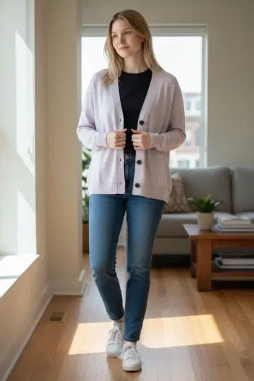 human woman 연보라 버튼 니트 가디건