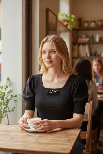 엠즈 그레이시 퍼프 슬리브 블랙 니트 상의