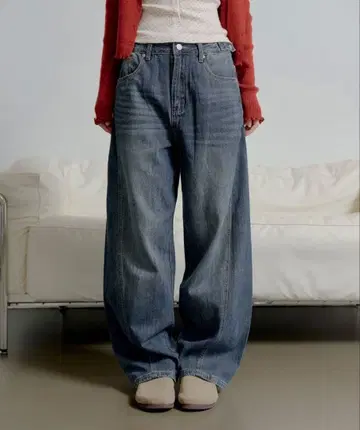 [ UNE MANSION ] 스티치 라인 벌룬 실루엣 빈티지 와이드 데님