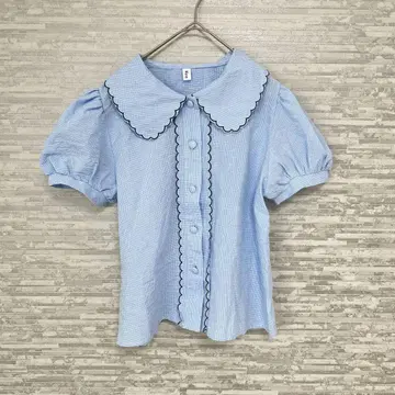 한이구 스캘럽 옷깃 반팔 블라우스 M 스카이블루 깅엄 체크 파랑 한국