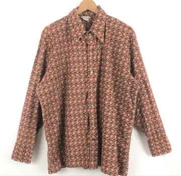 Leco 셔츠 폴리 셔츠 기하학 패턴 70년대 빈티지 긴팔 브라운 계열