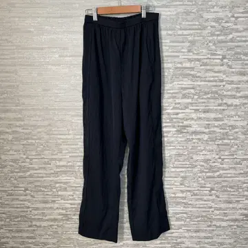 라벨 와이드 팬츠 블랙 린넨 혼방 롱 기장 캐주얼 심플