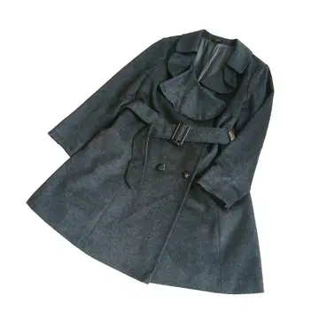 프릴 옷깃 다크 그레이 더블 브레스트 롱 코트 벨트 포함