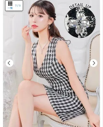 깅엄 체크 트위드 비쥬 지퍼 타이트 미니 드레스