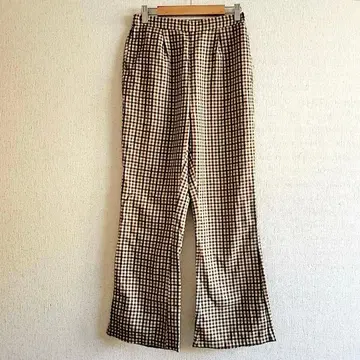 아즈노아즈 플레어 팬츠 와이드 팬츠 브라운 체크 무늬 허리 뒷부분 밴딩
