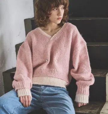 더블 립 레이어드 브로치 니트 미사용 새상품