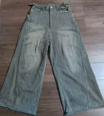 [ GRANCY ] 지퍼 디자인 배기 데님 팬츠 브라운 L 사이즈