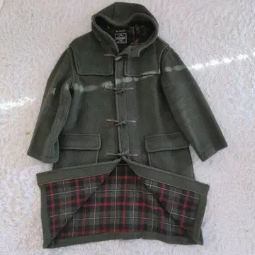 Gloverall 올리브 그린 롱 더플 코트 울 안감 체크