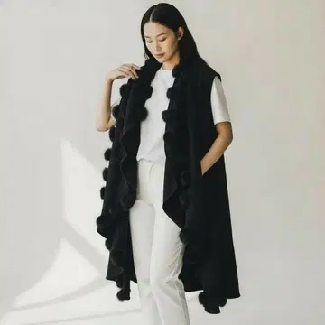 하자품 블랙 롱 케이프 퍼 포함 울 블랙 베스트