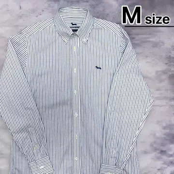 USA 구제 의류 긴팔 셔츠 M 스트라이프 화이트 블루 닥스훈트 자수