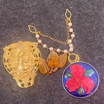 주역급 빈티지 브로치 4점 | 칠보풍 꽃 골드 앰버풍 펄