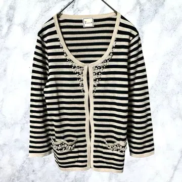 12609 Tiara 펄 장식 보더 니트 가디건 울 구제 의류