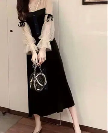 블랙 벨벳 쉬폰 원피스