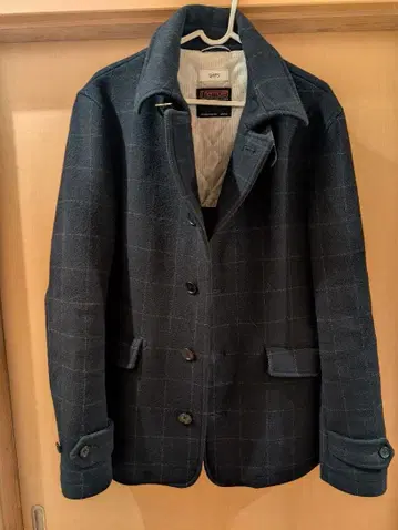 울 체크 무늬 피코트 네이비