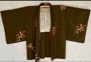 앤티크 순수 실크 겉옷 꾀꼬리새 갈색 잎 무늬