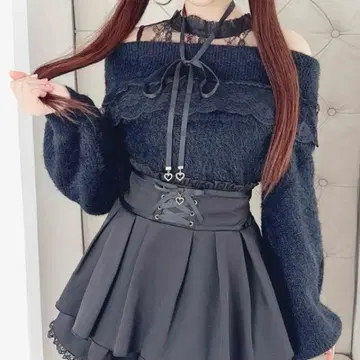 MARS 마즈 오프롤 샤기 니트탑 블랙