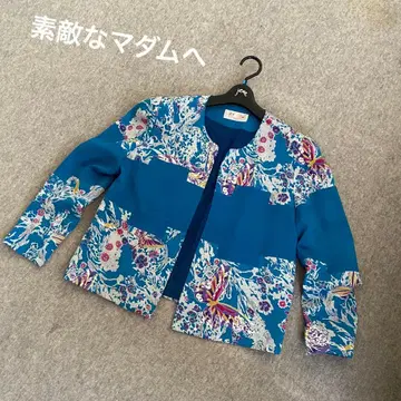 크레이프 원단 꽃무늬 노카라 자켓 파랑 M