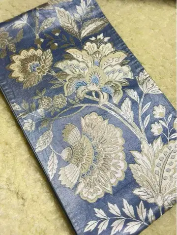 파란색 은색 꽃무늬 후쿠로 오비