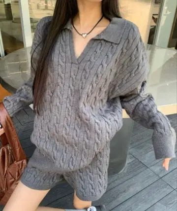 그레이 케이블 짜임 니트 셋업