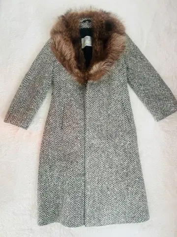 퍼 트리밍 트위드 롱 코트