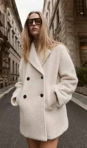 ZARA 부클 더블 브레스트 미디 기장 코트 에크루 M