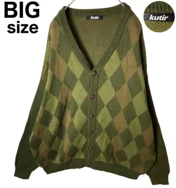 굿 디자인 구제 의류 그린 아가일 체크 니트 가디건 빅 사이즈