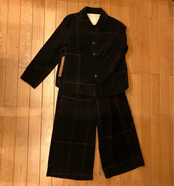 다크 네이비 체크 무늬 코듀로이 셋업