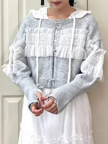 merry jenny 셔링 튤 니트 가디건 그레이