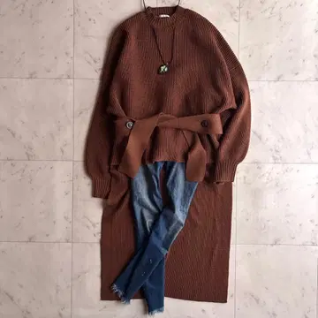 어도어 벨트 포함 롱 리브 니트 스웨터 앞뒤 기장 다름 프리 브라운