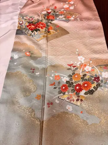 호몬기 꽃무늬 부채 문양 라이트 핑크 클리닝 완료 기장 160cm