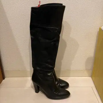 블랙 가죽 롱 부츠 힐 8cm