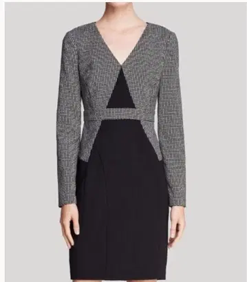 V넥 체크 무늬 타이트 원피스