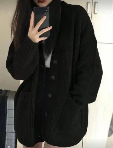 블랙 니트 가디건 긴팔 오버 사이즈