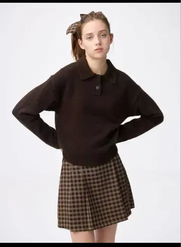 GU 퍼프 니트 피케 셔츠 브라운 L