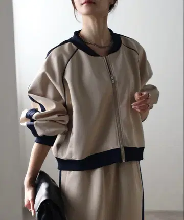 베이지 집업 벌룬 슬리브 블루종