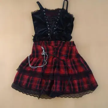 미사미사 코디 블랙/레드 체크 무늬 미니 스커트 벨트&초커 포함