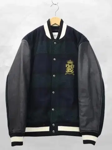 다케오 키쿠치 체크 버튼업 소매 가죽 스타디움 점퍼 바시티 자켓