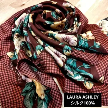 LAURA ASHLEY 와인 레드 꽃무늬 대형 실크 100% 스카프