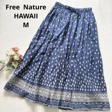 프리 네이처 하와이 올 패턴 플레어 스커트 롱 스커트 A라인 네이비