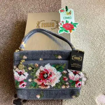 FEILER 꽃무늬 자수 파우치 그레이