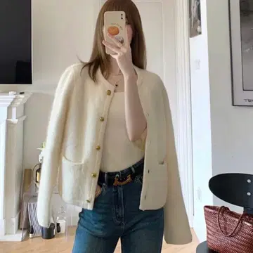 화이트 노카라 가디건 자켓 골드 버튼 노카라 자켓